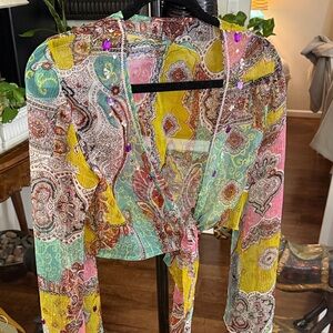 Source Unknown Paisley Tie-Front Sheer Top in Yellow, Pink, Aqua.